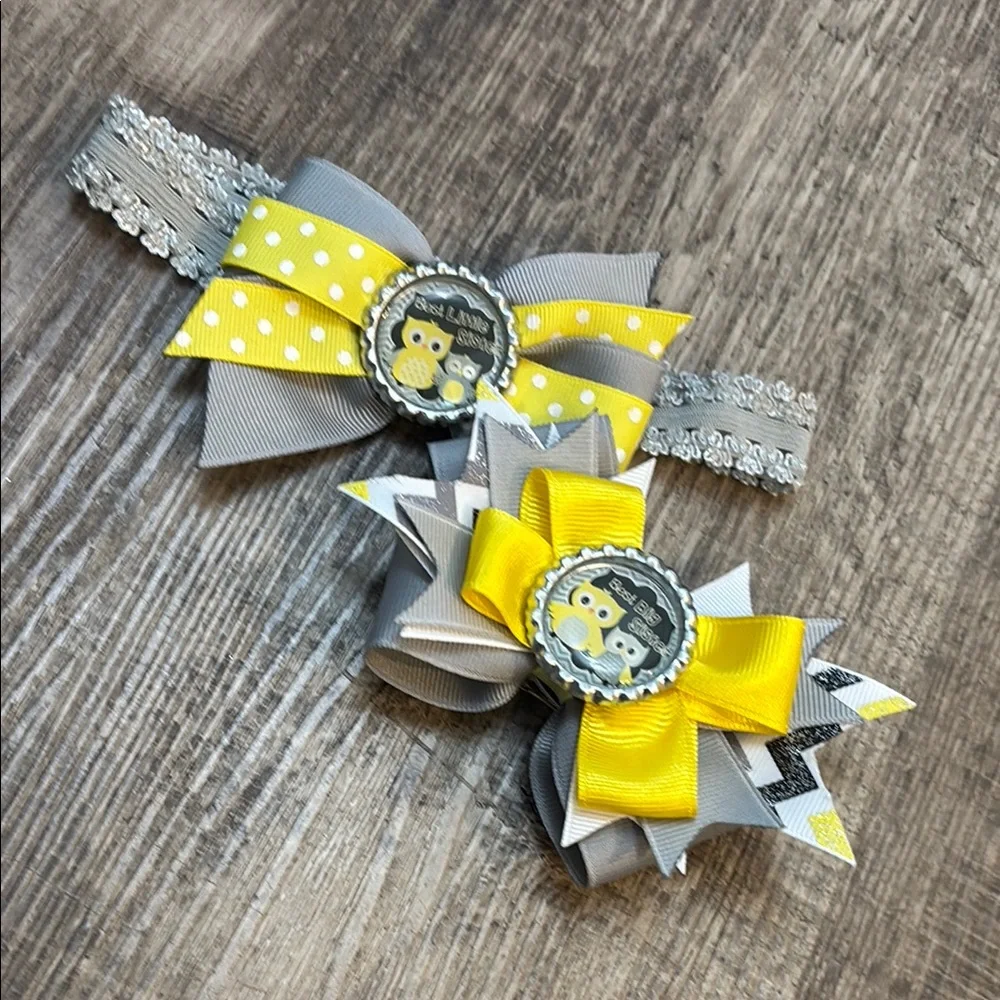 Big and little sister set of Yellow and Gray Decorative Hair Accessories owl